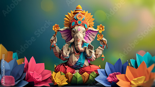 Origami of Indian God Ganesh in colorful flowers craft.