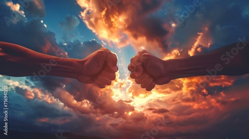men bumping fists with sky background with clouds