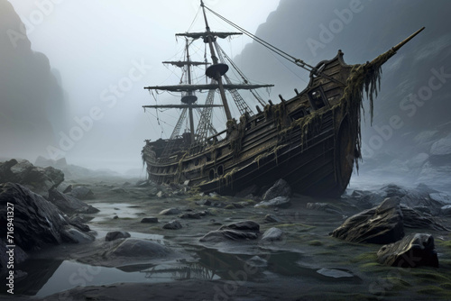 Haunted shipwreck on misty shore