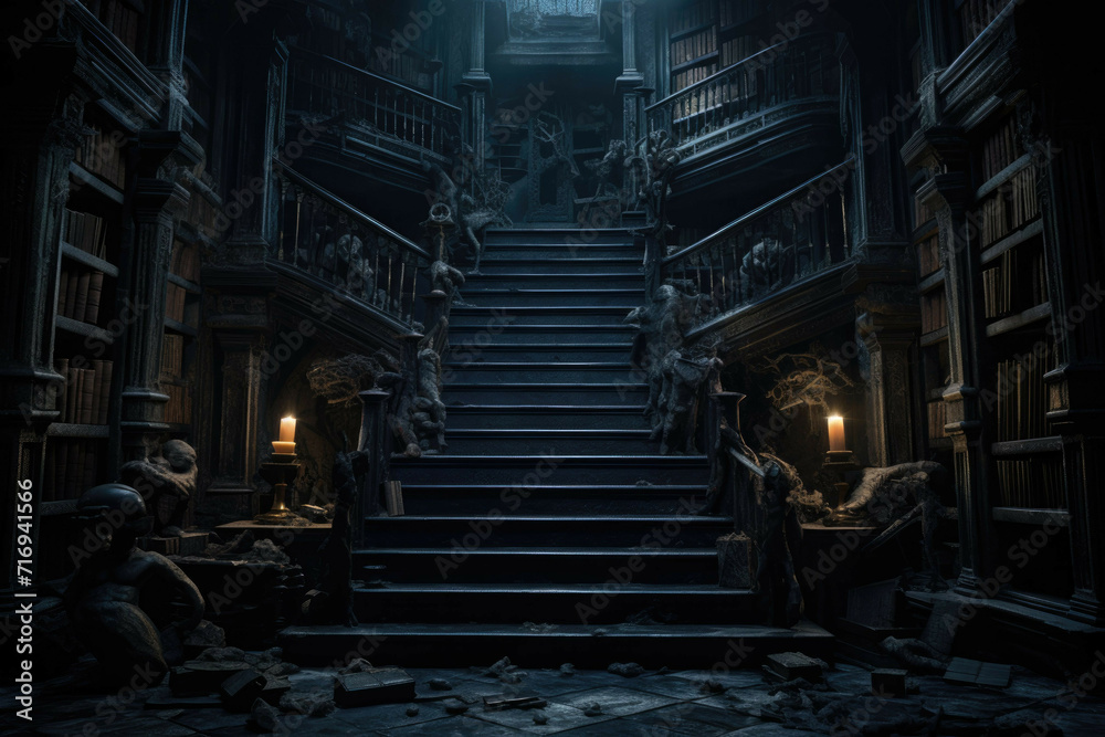 Haunted mansion with secret passageways and dusty books. Haunted mansion with secret passageways and dusty books.