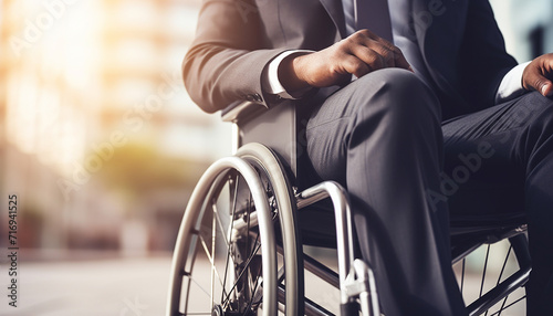 man in wheelchair with physical disability mobility disorder. concept of disability inclusion, insurance, equipment accessibility. banner with copy space photo