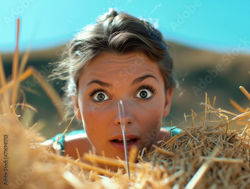 Surprised and satisfied face of a person partially visible behind a haystack, finding a needle. 