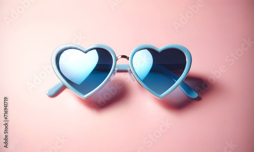 Heart shaped blue sunglasses on pink background. Sun glasses, modern accessory for summertime. AI generated.