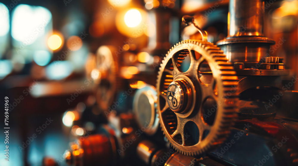 Mechanical Artistry: Close-Up of Gears and Wheels in an Old Mechanical Machine