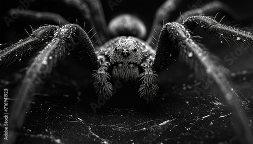 Scary close up of a spider on black background. Close up spider's web on retro vintage black color background for halloween night party design concept concept. Scary horror design