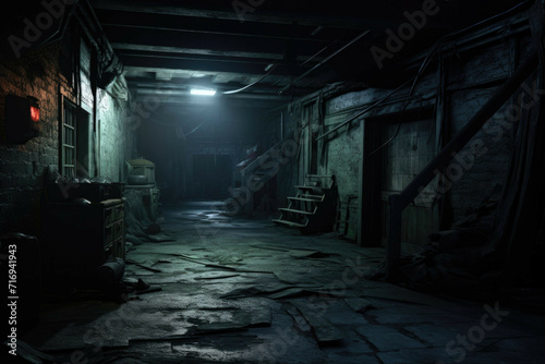 Dark and creepy basement with flickering lights and mysterious shadows photo