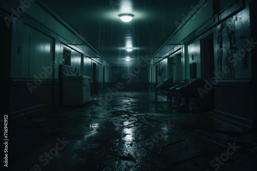 Dark and creepy hospital with flickering lights and ghostly figure in the hallway