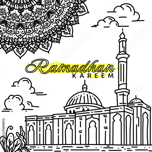 Ramadan Kareem Mosque Illustration on line art style fit for ramadan card, banner, social media post and others photo