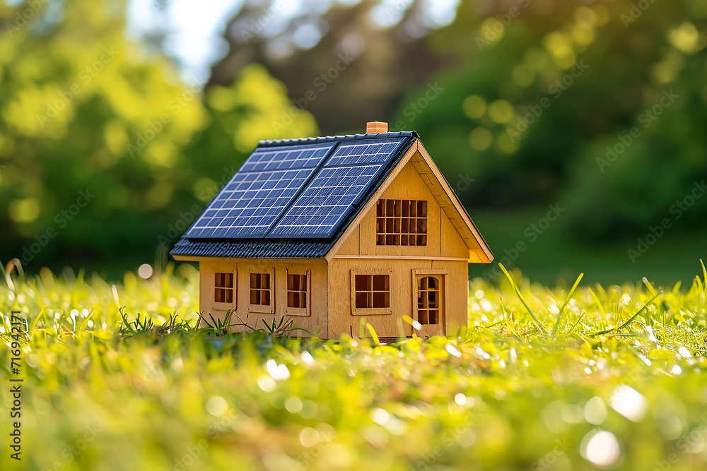 Small model home on green grass with sunlight abstract background Small model home on green grass with sunlight abstract background