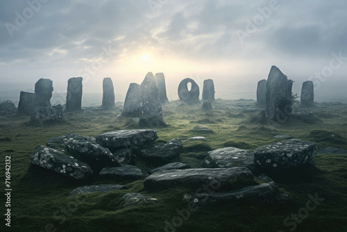 Mysterious stone circle in misty moor photo