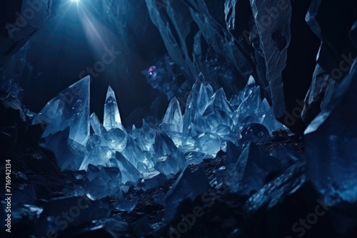 Dark cave with glowing crystals photo