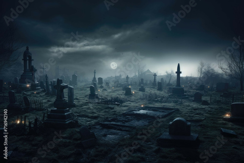 Spooky graveyard with misty atmosphere photo