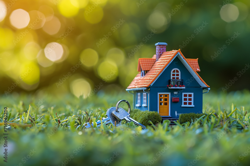 Small model home on green grass with sunlight abstract background Small model home on green grass with sunlight abstract background