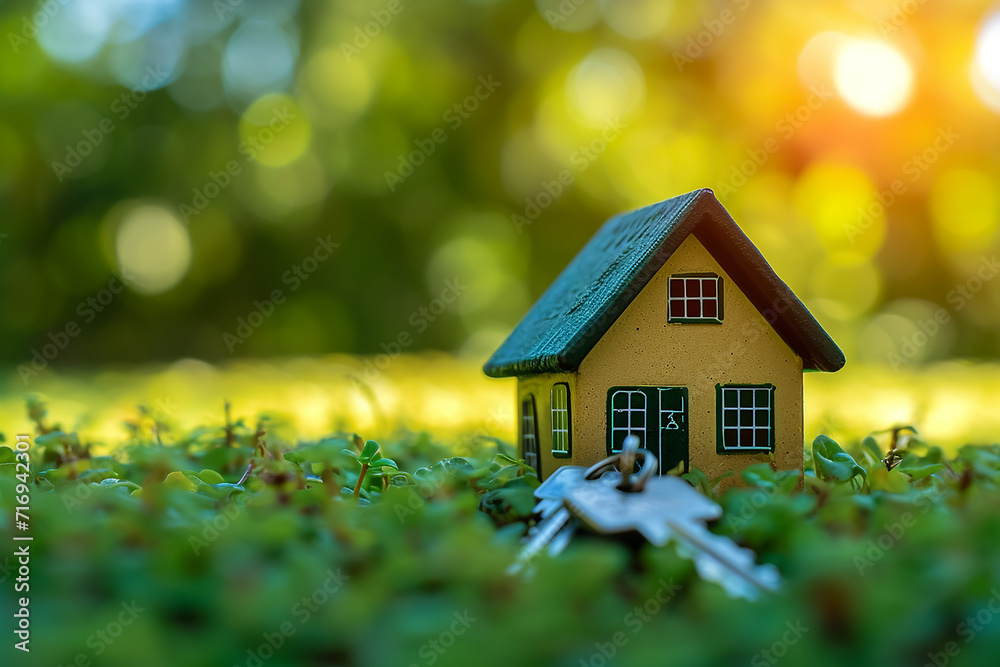 Small model home on green grass with sunlight abstract background Small model home on green grass with sunlight abstract background