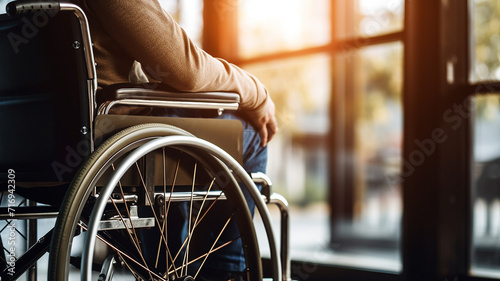 man in wheelchair with physical disability mobility disorder. concept of disability inclusion, insurance, equipment accessibility. banner with copy space