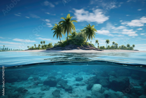 A tranquil tropical island with crystal clear water and a palm tree.