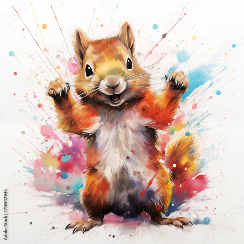 Watercolored baby squirrel dancing in 80s neonstyle photo
