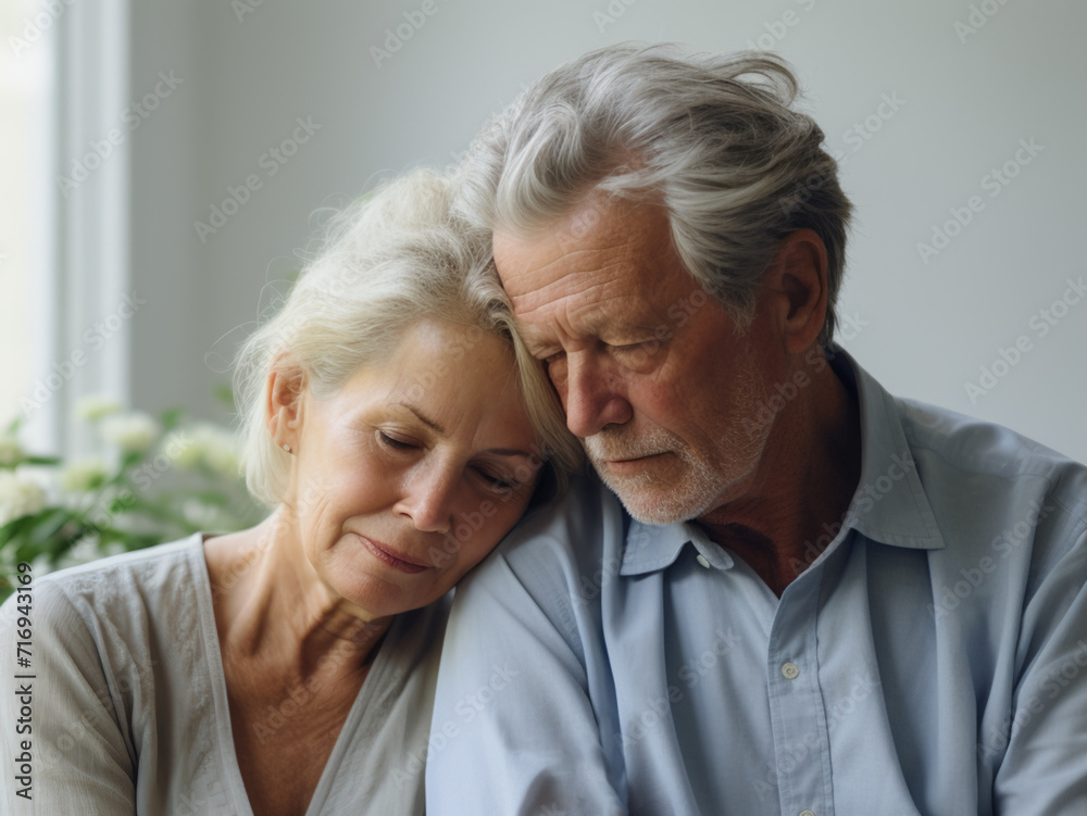 Close-up of a sad caucasian couple comforting and consoling each other. Close-up of a sad caucasian couple comforting and consoling each other.