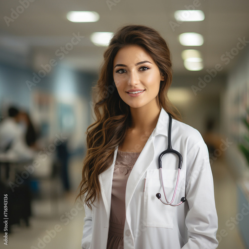 cute brunette in medical gown and a stethoscope in an hospital