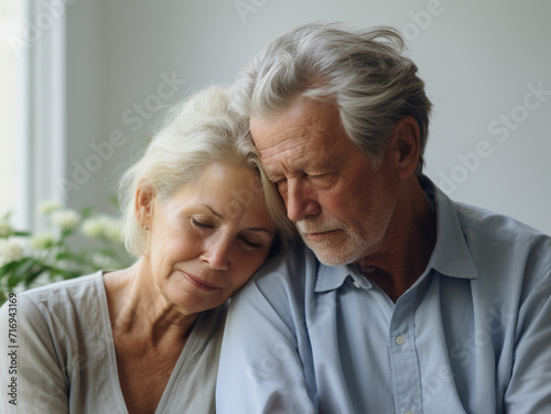 Close-up of a sad caucasian couple comforting and consoling each other.   