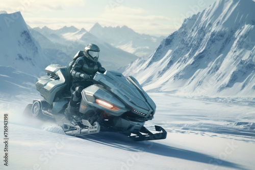 Snowmobile ride through a snowy mountain landscape.