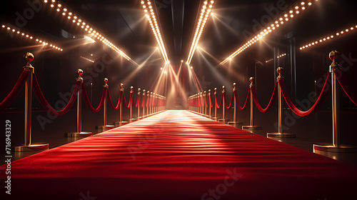 Red carpet staircase with smoke and spotlights, holiday awards ceremony event