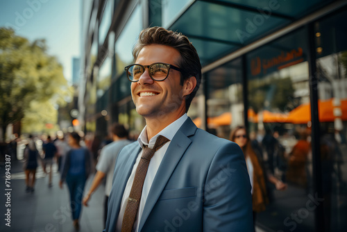 Smiling Confident Young Businessman outdoor portrait in the city - successful executive on the street 