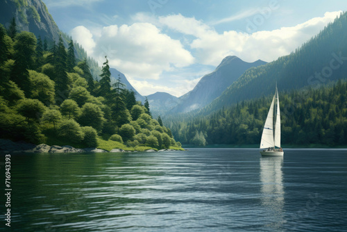 Small sailboat in serene lake photo