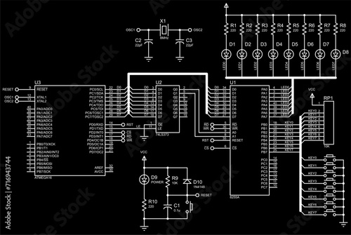 Vector electrical schematic diagram of matrix of LEDs working
under microcontroller control. 
A scheme design of electronic device with resistor, led, 
diode, integrated circuit, capacitor.