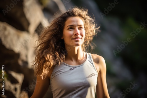 Portrait of an inspired girl in her 30s practicing outdoor rock climbing. With generative AI technology photo