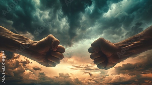 men bumping fists with the sky with clouds in a beautiful sunset in high definition #716943949