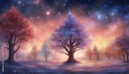 sunrise in the woods A magical Christmas with a row of trees and a starry sky. The trees are enchanted and alive   © Jared