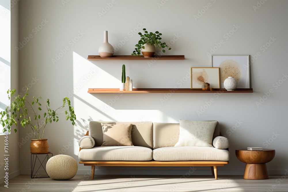 Picture a wood floating shelf on a clean white wall, offering smart ...