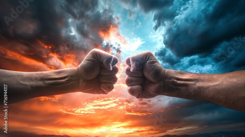 men bumping fists with the sky with clouds in a beautiful sunset in high definition and resolution