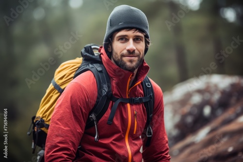 Portrait of a relaxed boy in his 30s practicing outdoor rock climbing. With generative AI technology