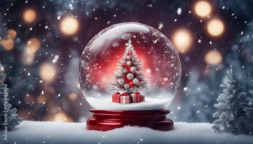 christmas tree in snow highly intricately detailed photograph of    Gorgeous elegant Christmas tree with gifts in red and snow globe 