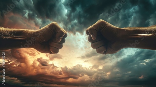 men bumping fists with the sky with clouds in a beautiful sunset in high definition and resolution. peace concept © Marco