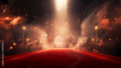 Red carpet staircase with smoke and spotlights, holiday awards ceremony event