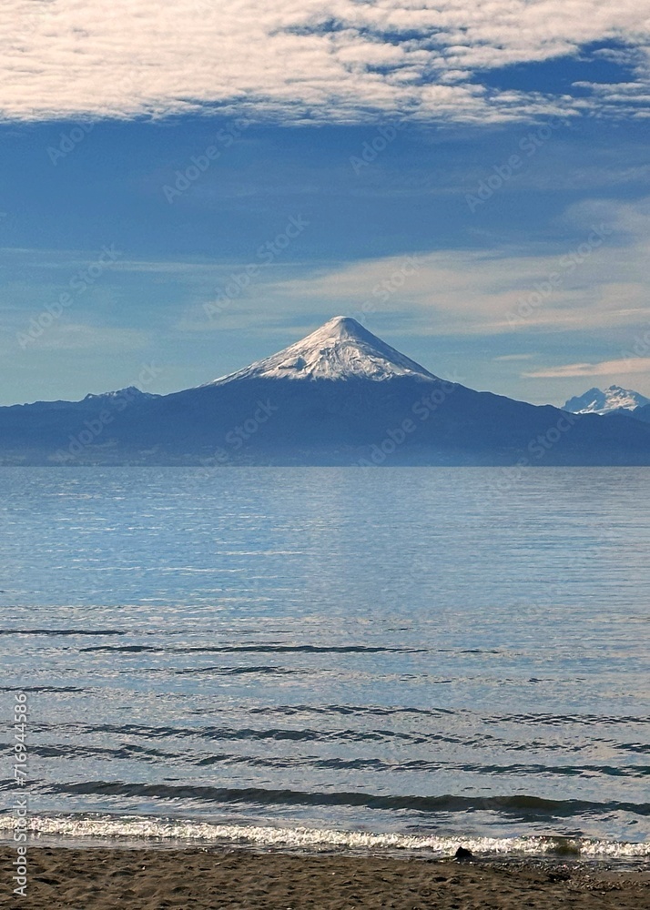 Clear view of Osorno volcano sitting across Llanquihue lake from Frutillar, Chile