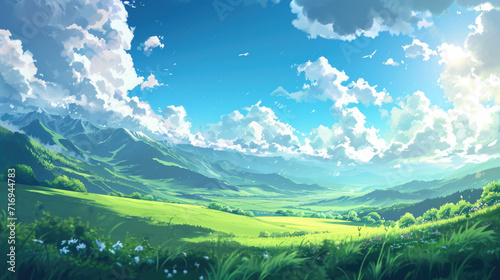 Beautiful Green Savanna or green field with sunny day anime background  cloud background landscape view with beautiful day sky on sunny weather flowers and mountains  beautiful panorama with surrealis