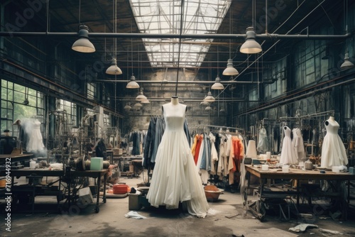 Fashion clothing factory. White dress on background of sewing machines and dresses.