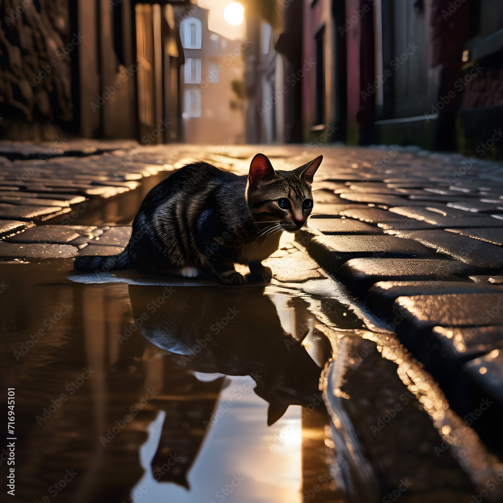  Curious Cat Ponders Reflection in Puddle