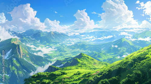 Beautiful Green Savanna or green field with sunny day anime background, cloud background landscape view with beautiful day sky on sunny weather flowers and mountains, beautiful panorama with surrealis © RIZKI MAULANA