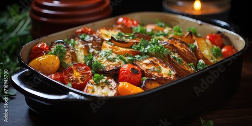 BriÃ¡m Brilliance: Greek Vegetable Bake Delight. A Symphony of Roasted Vegetables and Mediterranean Herbs  photo