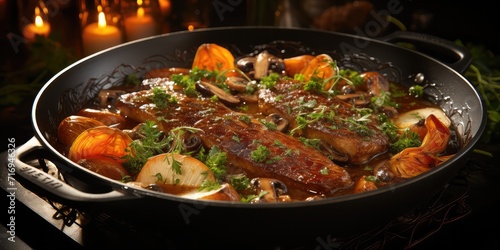 French Rabbit Stew Charm. A Culinary Symphony of Tender Meat and Rich Sauce Captured in a Visual Feast,