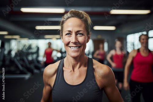 Portrait of a focused mature woman doing a hiit class in a gym. With generative AI technology