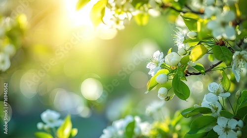 Spring background  green tree leaves on blurred background. AI generated illustration