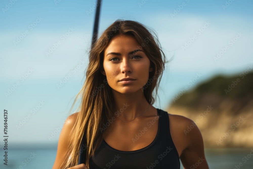 Portrait of a concentrated girl in her 20s practicing stand-up paddleboarding in the sea. With generative AI technology Portrait of a concentrated girl in her 20s practicing stand-up paddleboarding in the sea. With generative AI technology