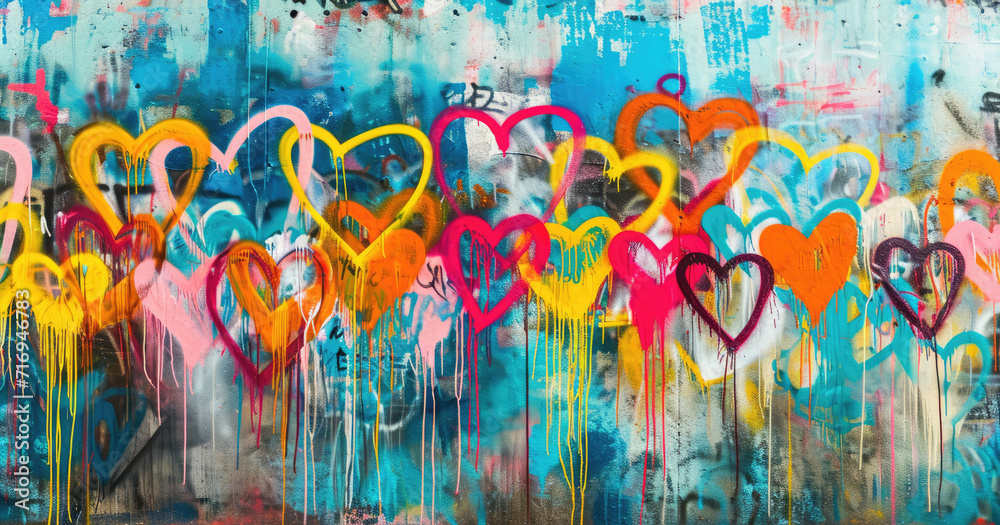 Generative AI, Colorful hearts as graffiti love symbol on the wall, street art. Melted paint.	
 - obrazy, fototapety, plakaty 