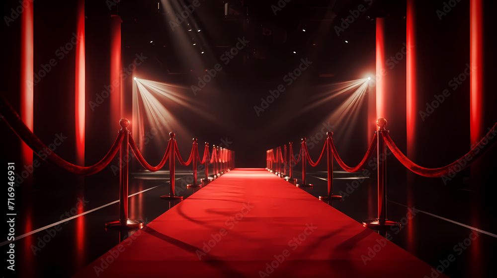 Red carpet staircase with smoke and spotlights, holiday awards ceremony event